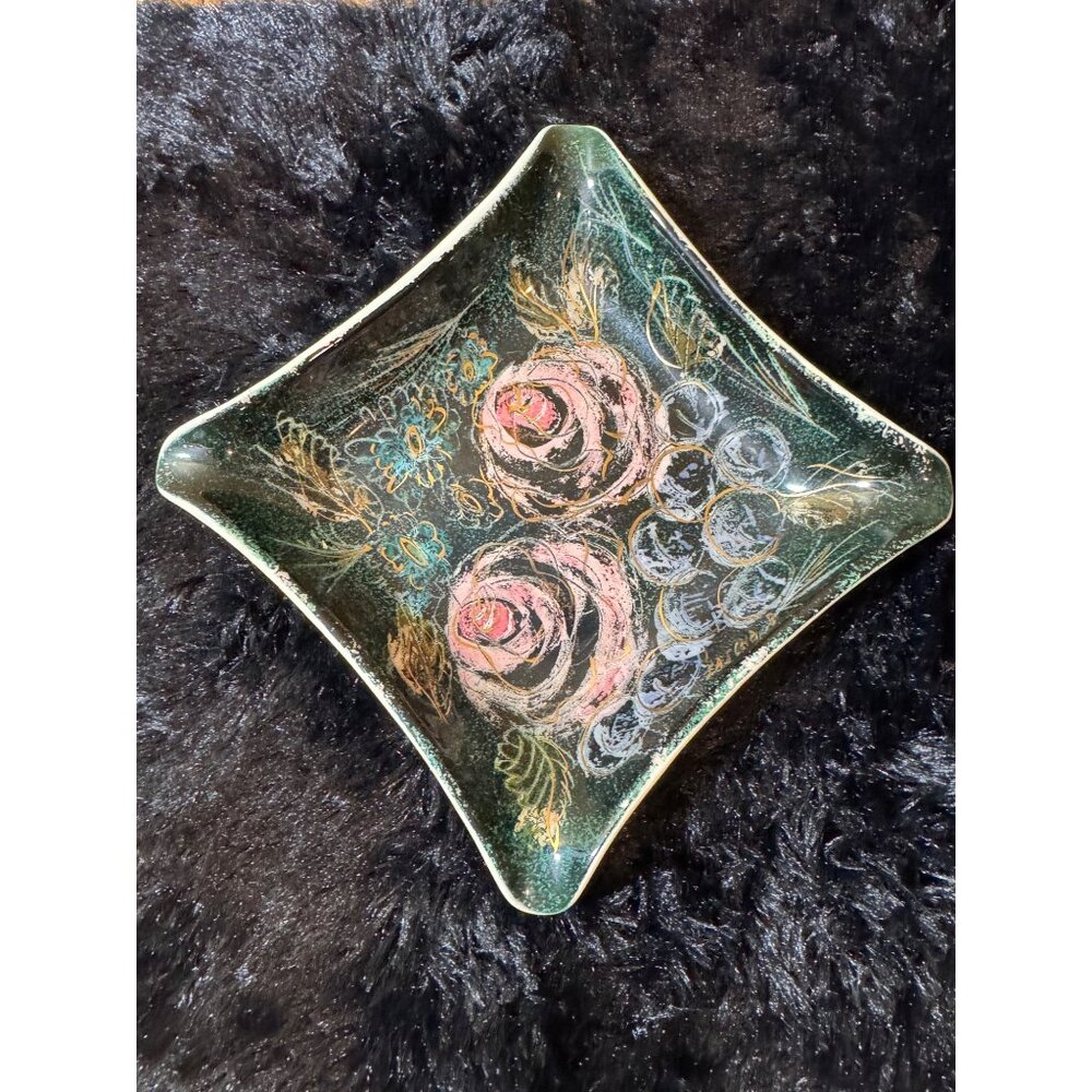 Sascha Brastoff Vanity Fair Square Decorative Glass Plate Trnket Tray
